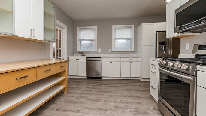 Interior, Kitchen, Stainless Steel Appliances, Wood Texture Flooring