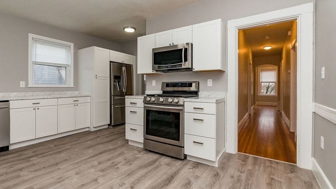 Interior, Kitchen, Recessed Lighting, Stainless Steel Appliances, Wood Texture Flooring