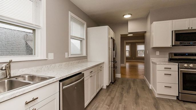 Interior, Kitchen, Recessed Lighting, Stainless Steel Appliances, Wood Texture Flooring