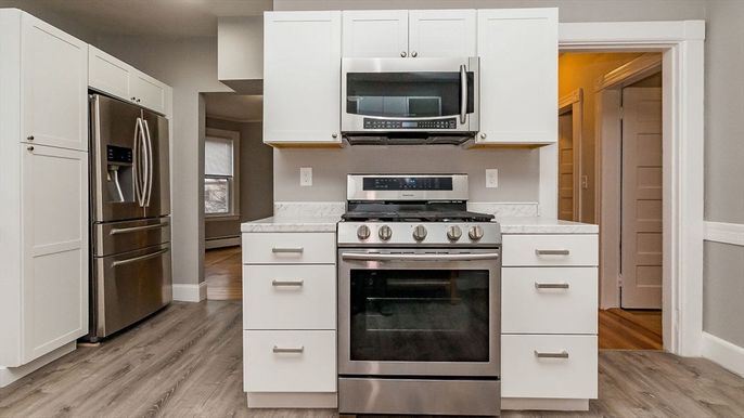 Interior, Kitchen, Stainless Steel Appliances, Wood Texture Flooring