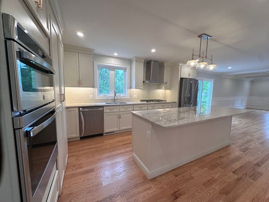 Interior, Kitchen, Pendant Lights, Recessed Lighting, Stainless Steel Appliances, Wood Texture Flooring