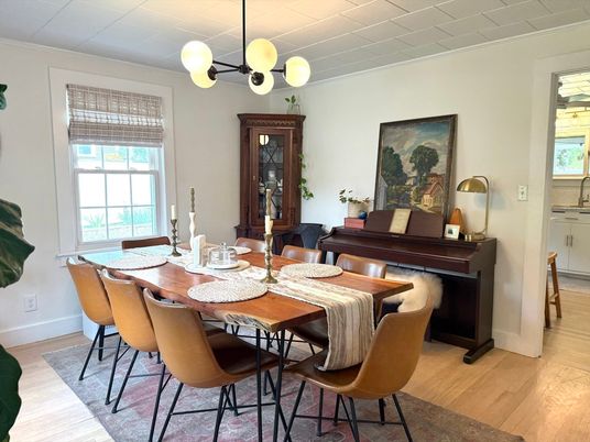 Dining room, Interior, Pendant Lights, Wood Texture Flooring