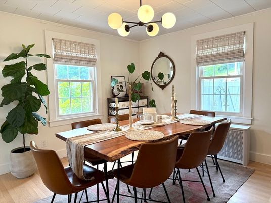 Dining room, Interior, Pendant Lights, Wood Texture Flooring