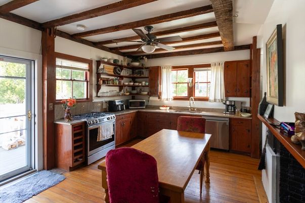 Interior, Kitchen, Stainless Steel Appliances, Wooden Beams, Wood Texture Flooring