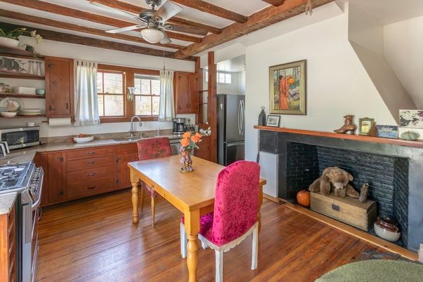 Dining room, Fireplace, Interior, Kitchen, Wooden Beams, Wood Texture Flooring