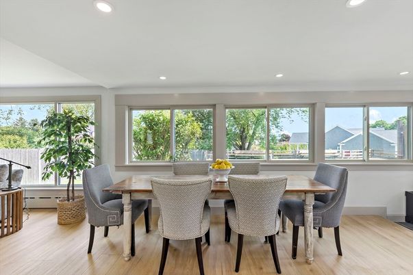 Dining room, Interior, Recessed Lighting, Wood Texture Flooring