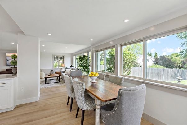 Dining room, Interior, Living room, Recessed Lighting, Wood Texture Flooring