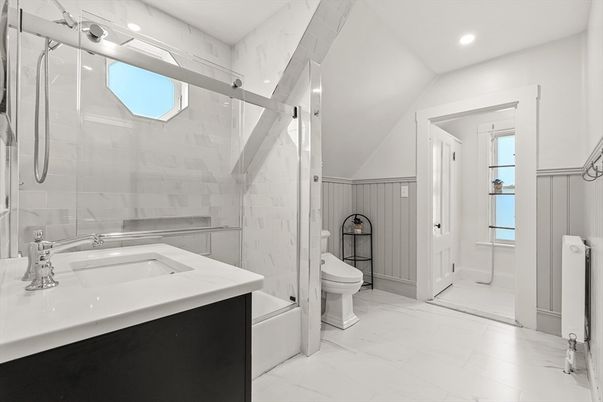 Bathroom, Glass Shower, Interior, Marble, Marble Walls, Recessed Lighting