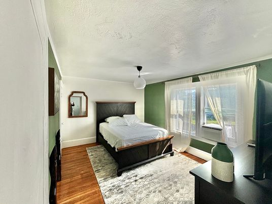 Bedroom, Interior, Pendant Lights, Wood Texture Flooring
