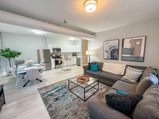 Dining room, Interior, Kitchen, Living room, Stainless Steel Appliances, Wood Texture Flooring