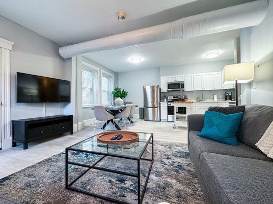 Dining room, Interior, Kitchen, Living room, Stainless Steel Appliances, Wood Texture Flooring