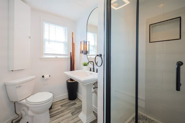 Bathroom, Glass Shower, Interior, Wood Texture Flooring