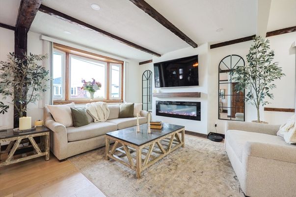 Fireplace, Interior, Living room, Recessed Lighting, Wooden Beams, Wood Texture Flooring