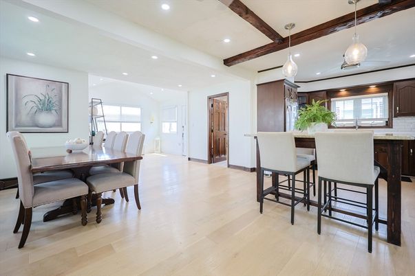 Dining room, Interior, Pendant Lights, Recessed Lighting, Wooden Beams, Wood Texture Flooring