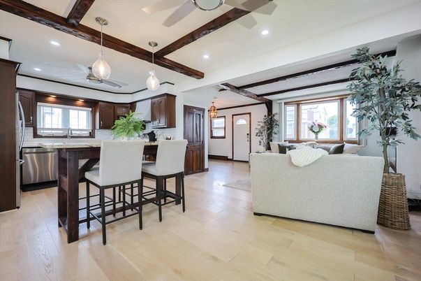 Interior, Kitchen, Living room, Pendant Lights, Recessed Lighting, Stainless Steel Appliances, Wooden Beams, Wood Texture Flooring