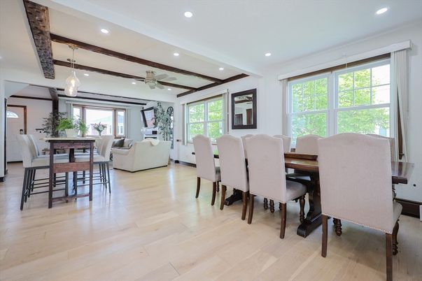 Dining room, Interior, Living room, Pendant Lights, Recessed Lighting, Wood Texture Flooring
