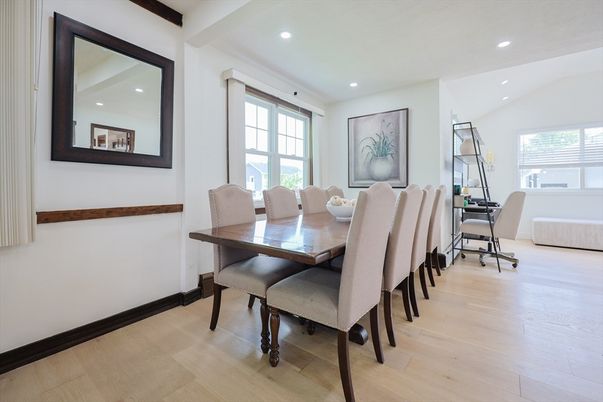 Dining room, Interior, Recessed Lighting, Wood Texture Flooring
