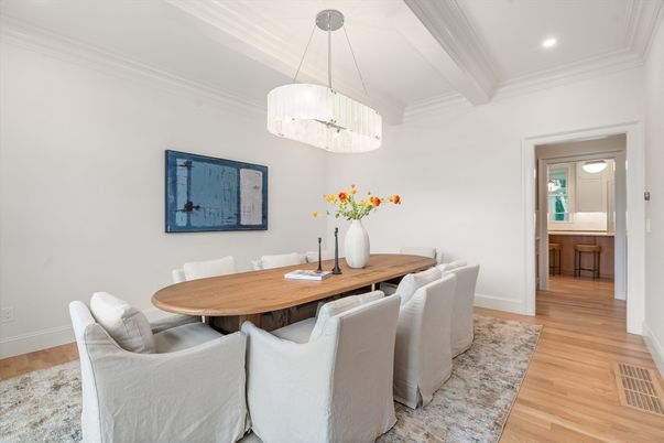 Dining room, Interior, Pendant Lights, Recessed Lighting, Wood Texture Flooring