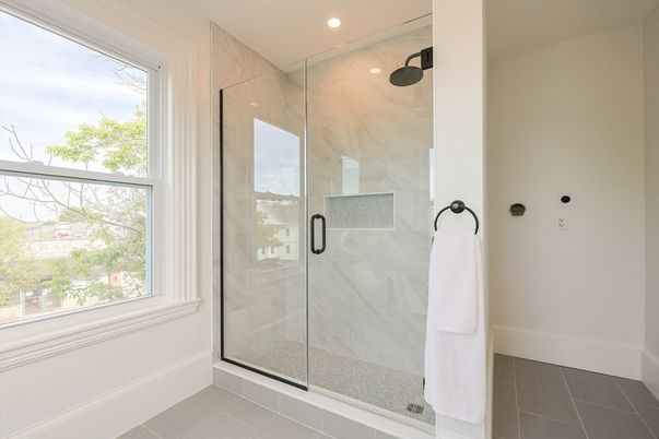 Bathroom, Glass Shower, Interior, Marble Walls, Recessed Lighting