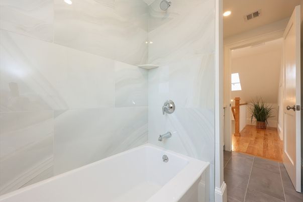Bathroom, Interior, Marble Walls, Recessed Lighting, Wood Texture Flooring