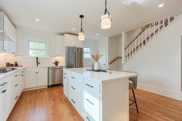 Interior, Kitchen, Pendant Lights, Recessed Lighting, Stainless Steel Appliances, Wood Texture Flooring