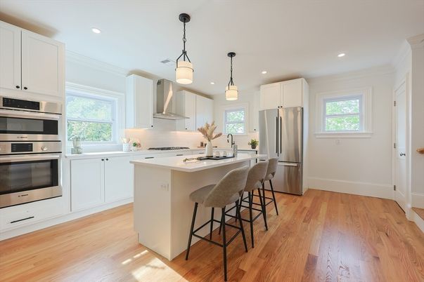 Interior, Kitchen, Pendant Lights, Recessed Lighting, Stainless Steel Appliances, Wood Texture Flooring