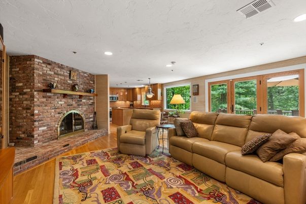Fireplace, Interior, Kitchen, Living room, Pendant Lights, Recessed Lighting, Stone Walls, Wood Texture Flooring