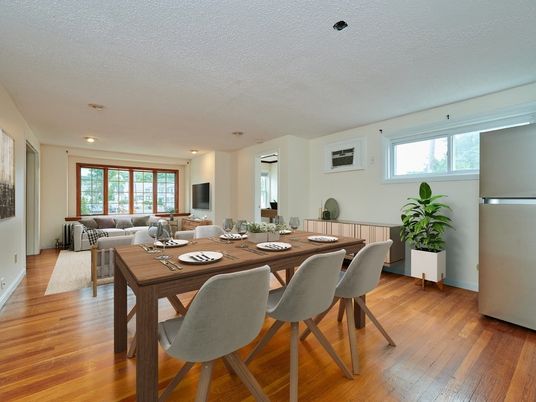 Dining room, Interior, Living room, Recessed Lighting, Wood Texture Flooring