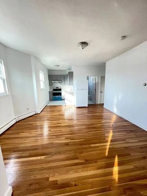 Empty room, Interior, Kitchen, Stainless Steel Appliances, Wood Texture Flooring