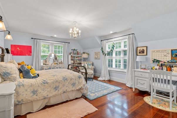 Bedroom, Chandelier, Interior, Recessed Lighting, Wood Texture Flooring