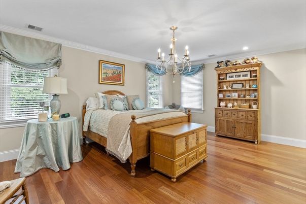 Bedroom, Chandelier, Interior, Recessed Lighting, Wood Texture Flooring
