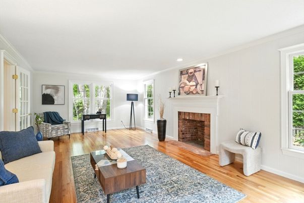 Fireplace, Interior, Living room, Recessed Lighting, Wood Texture Flooring