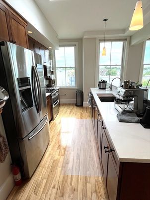 Interior, Kitchen, Pendant Lights, Recessed Lighting, Stainless Steel Appliances, Wood Texture Flooring