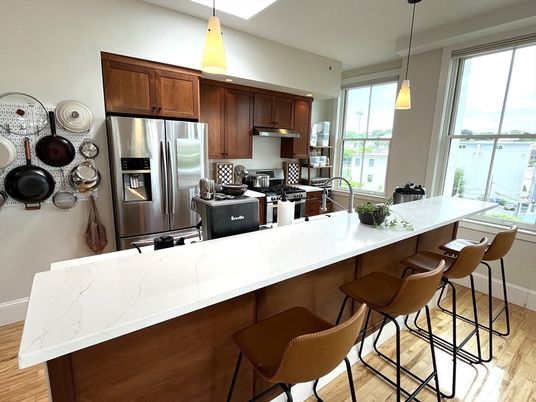 Interior, Kitchen, Pendant Lights, Stainless Steel Appliances, Wood Texture Flooring