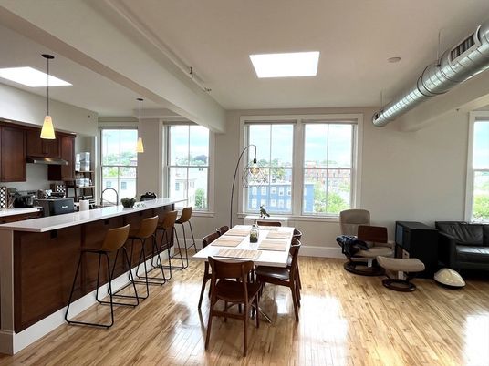 Dining room, Interior, Kitchen, Pendant Lights, Water, Wood Texture Flooring