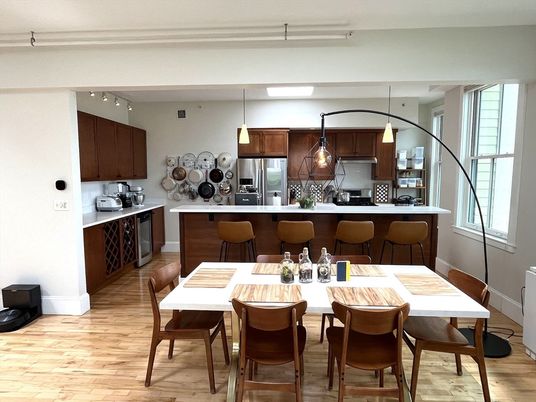 Dining room, Interior, Kitchen, Pendant Lights, Stainless Steel Appliances, Wood Texture Flooring