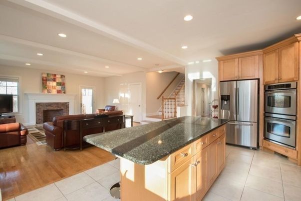 Fireplace, Interior, Kitchen, Living room, Recessed Lighting, Stainless Steel Appliances, Wood Texture Flooring