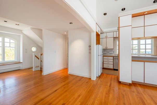 Empty room, Interior, Kitchen, Recessed Lighting, Wood Texture Flooring