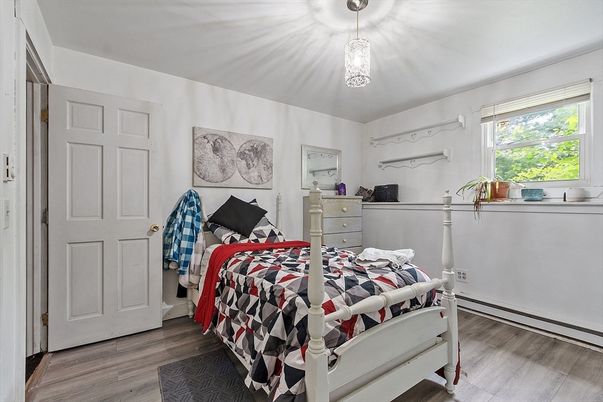 Bedroom, Interior, Pendant Lights, Wood Texture Flooring