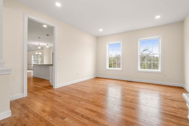 Empty room, Interior, Pendant Lights, Recessed Lighting, Wood Texture Flooring