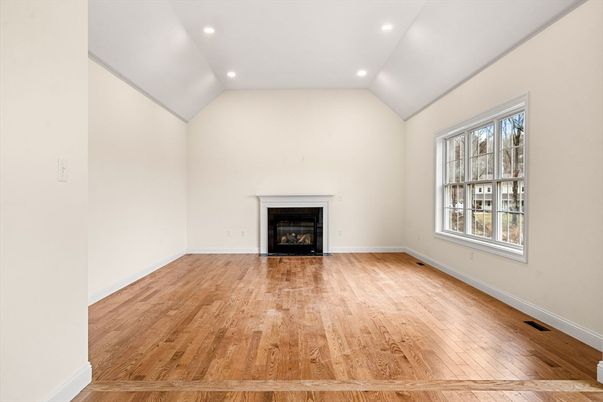 Empty room, Fireplace, Interior, Recessed Lighting, Wood Texture Flooring