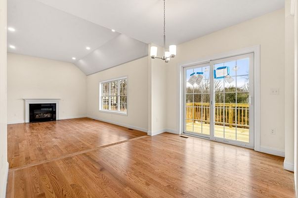Empty room, Fireplace, Interior, Pendant Lights, Recessed Lighting, Wood Texture Flooring