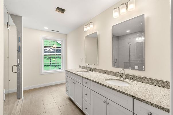 Bathroom, Dual Sink Vanities, Glass Shower, Interior, Recessed Lighting