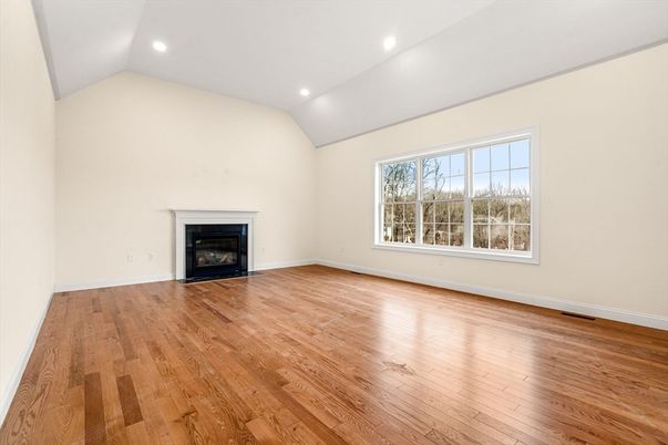 Empty room, Fireplace, Interior, Recessed Lighting, Wood Texture Flooring