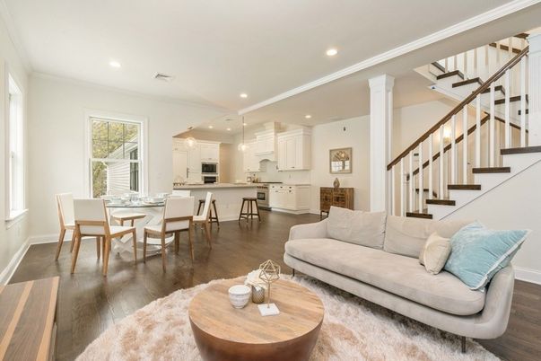 Dining room, Interior, Kitchen, Living room, Pendant Lights, Recessed Lighting, Stainless Steel Appliances, Wood Texture Flooring