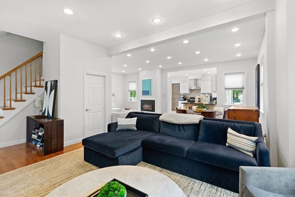 Dining room, Fireplace, Interior, Kitchen, Living room, Recessed Lighting, Wood Texture Flooring