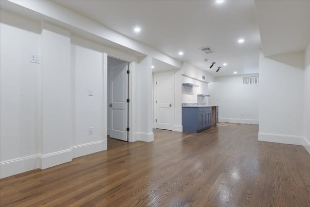 Empty room, Interior, Kitchen, Recessed Lighting, Wood Texture Flooring