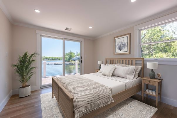 Bedroom, Interior, Recessed Lighting, Water, Wood Texture Flooring