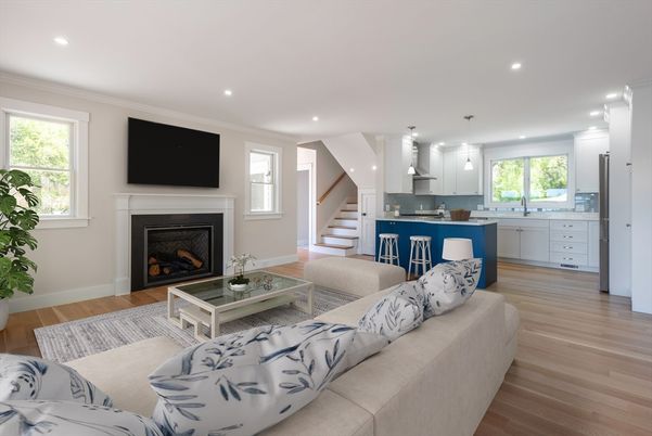 Fireplace, Interior, Kitchen, Living room, Pendant Lights, Recessed Lighting, Wood Texture Flooring