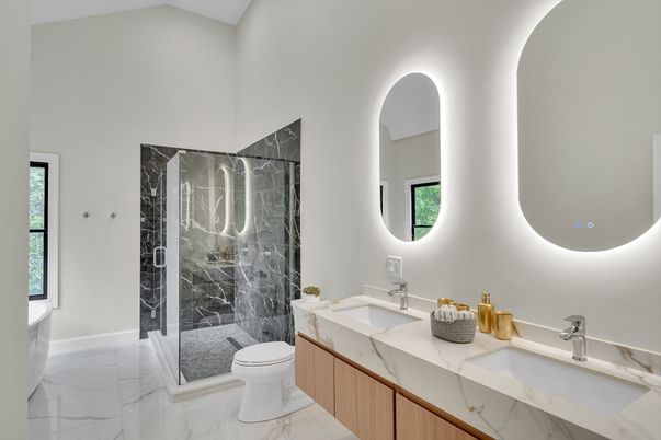 Bathroom, Dual Sink Vanities, Glass Shower, Interior, Marble, Marble Walls